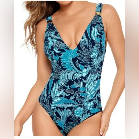 NWOT AMORESSA By MIRACLESUIT Blue Jasmine Rumba Swimsuit, Sz 6, Floral, Plunge​​ - Picture 2 of 16